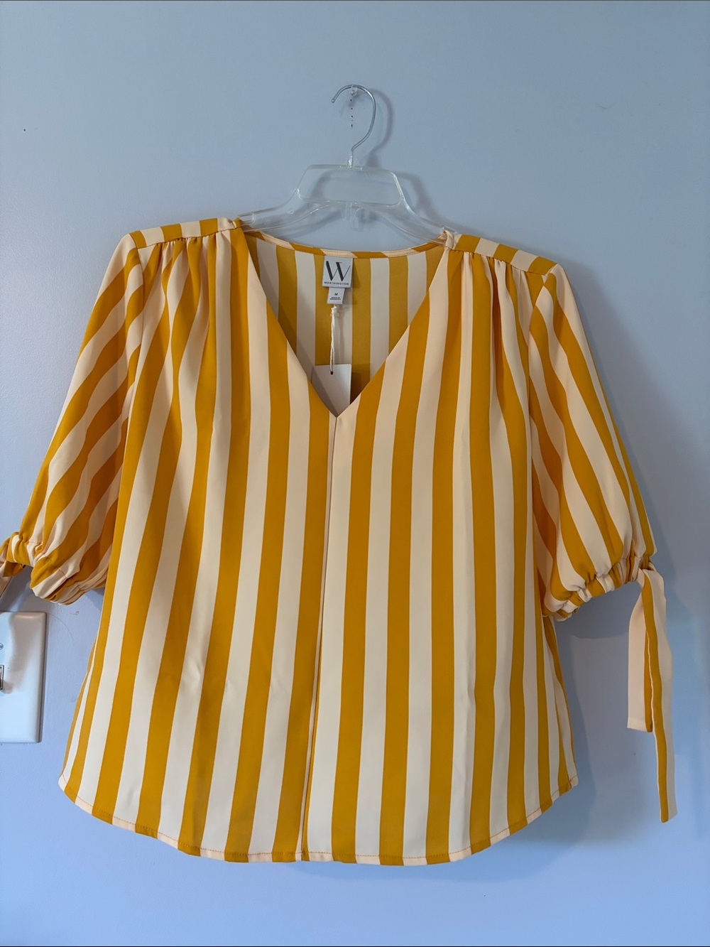 W by Worth Yellow and Cream Striped V-Neck Blouse with Tie Sleeves